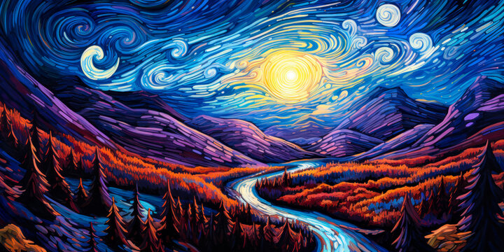 Mountains landscape, night, empty background, colorful, epic sky, impressionist painting. Generative AI
