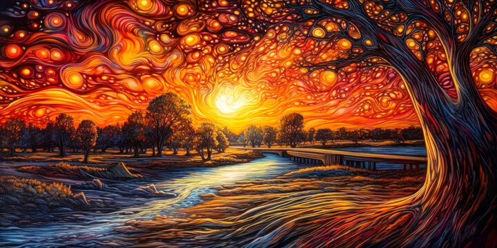 Forest landscape, swirling orange sky, empty background, colorful, impressionist painting. Generative AI