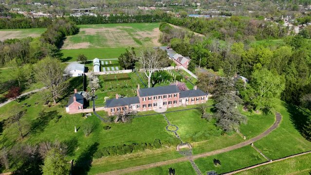 Aerial historic Chatham Manor Fredericksburg Virginia overhead . Plantation with over 100 slaves as labor. Fredericksburg Spotsylvania National Military Park. Civil War battlefield HQ  for Union Army.