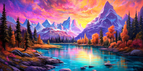 Mountains landscape, lake, empty background, colorful, painting. Generative AI
