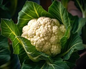 cauliflower with vibrant green leaves and a stark white head