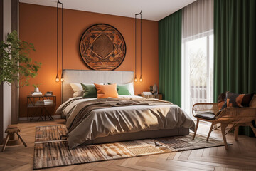 Cozy bedroom with plants. Orange, green and black colors. African eco interior design. Super photo realistic background, generative ai illustrarion