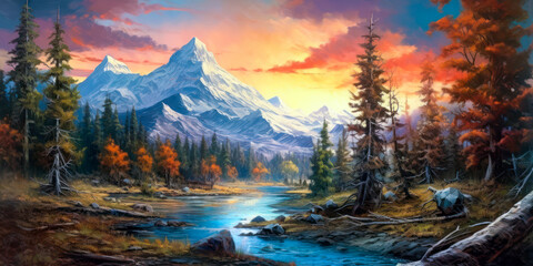 Mountains landscape, stream, background, colorful, painting. Generative AI