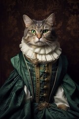 Illustration of a cat wearing a green vintage dress with a white collar created with Generative AI technology