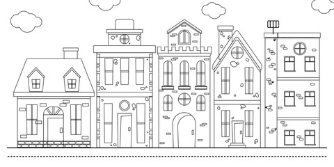 Fototapeta premium Small town neighborhood line art vector illustration. Small town outline design.