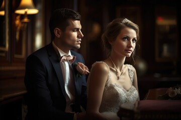 Portrait couple of groom and bride in the luxury hotels, generative AI