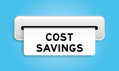 White coupon banner with word cost savings from machine on blue color background