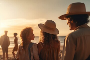 Back view of a happy family on sunset, parents and children, generative AI