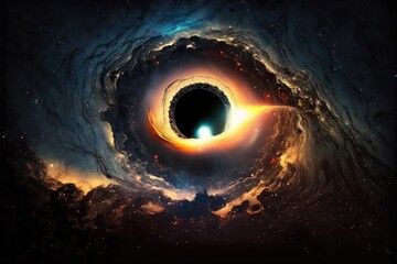 Black hole, massive and mysterious void in space, surrounded by swirling gas and dust in galaxy, generative AI