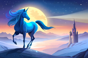 Jumping unicorn, Pegasus, unicorn with wings, fantasy landscape
