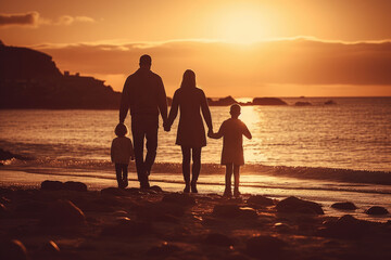 Back view of a happy family on sunset, parents and children, generative AI
