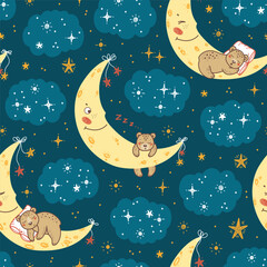 Vector Cute Teddy Bears Seamless Night Pattern. Childish Background with Sleeping Little Bear Cubs on Moon with Stars and Clouds. Baby Colorful Wallpaper. Great for Baby Pajamas or Bedding. © AllNikArt