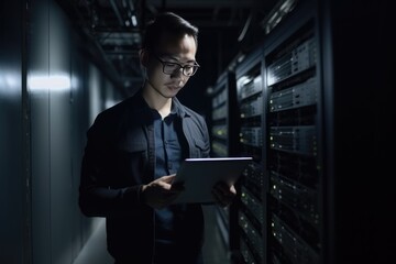 Portrait of man working with server cabinet in data center and using tablet generative AI