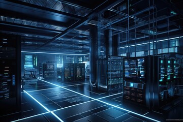 Obraz na płótnie Canvas Working Data Center Full of Rack Servers and Supercomputers, Modern Telecommunications, Artificial Intelligence, Supercomputer Technology, generative AI