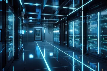 Obraz na płótnie Canvas Working Data Center Full of Rack Servers and Supercomputers, Modern Telecommunications, Artificial Intelligence, Supercomputer Technology, generative AI