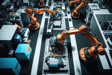 Modern factory using artificial intelligence robots and innovative technology, AI futuristic industry concept, AI generated