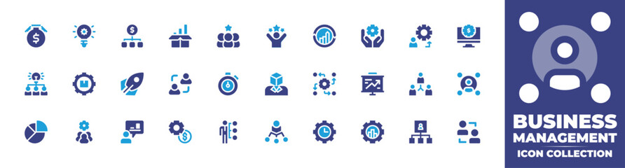 Business management icon collection. Duotone color. Vector and transparent illustration. Containing stopwatch, innovation, money management, product, candidates, success, continuous improve, and more.