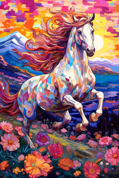 White horse running through flowers, mountains, stylized colorful painting, expressive. Generative AI