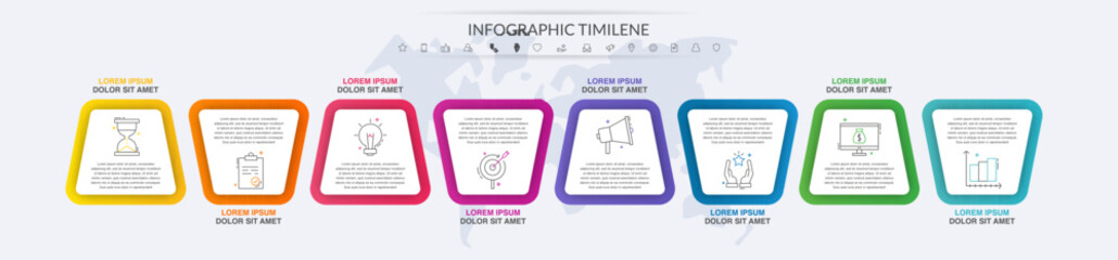 Vector infographics with 8 white quadrilaterals elements. Modern concept graphic process template with eight steps. Timeline for the business project on white background for app, diagram, illustration