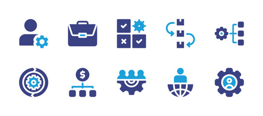 Business management icon set. Duotone color. Vector illustration. Containing profile, portfolio, tasks, prioritize, project management, sustain, money management, teamwork, leader, setting.