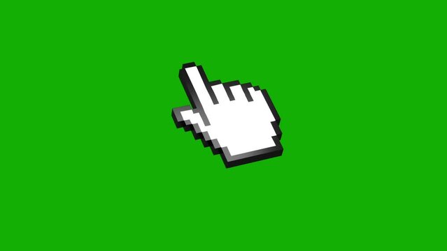 Pixelated 3D model of a white retro computer hand or finger cursor icon. Animation of an isometric mouse pointer clicking on a chrome background of a green screen.