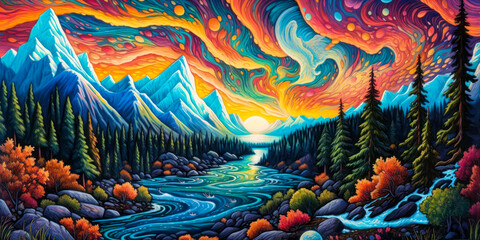 Mountains landscape, swirling night sky, background, colorful, painting. Generative AI