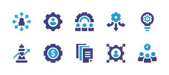 Business management icon set. Duotone color. Vector illustration. Containing user, user profile, gear, decision making, innovation, strategy, asset management, data, teamwork.