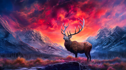 Deer, mountains landscape, colorful, painting. Generative AI