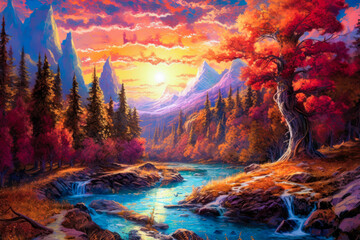 Mountains landscape, river, autumn, background, colorful, painting. Generative AI