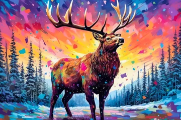 Muurstickers Elk, winter forest landscape, colorful, painting. Generative AI © Sunshower Shots
