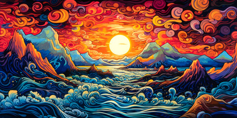 Stylized seascape, ocean, mountains, sunset, background, colorful, painting. Generative AI