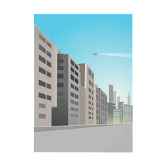 cityscape with buildings and airplane in the sky vector illustration graphic design