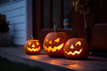 Beautiful carved glowing pumpkins on the doorstep. Generate Ai. Generative AI