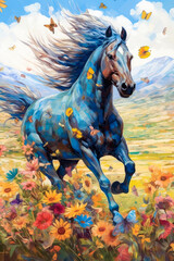 Horse running through flowers, stylized colorful painting, expressive. Generative AI