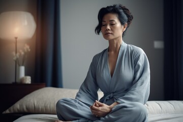 Female Asian middle aged adult meditating living room comfort peace. Generative AI AIG23. - obrazy, fototapety, plakaty
