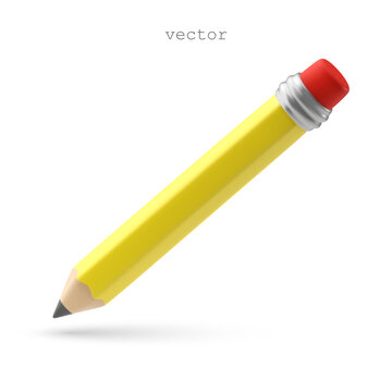 Vector 3D Pencil icon. Realistic wooden yellow pencil with rubber eraser. 3D vector illustration isolated on white background