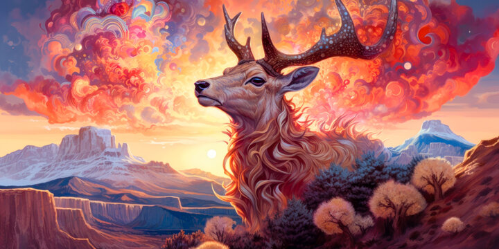 Deer, mountains landscape, fantasy, colorful, painting. Generative AI
