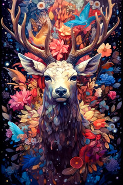 Deer with flowers portrait, fantasy, colorful, painting. Generative AI