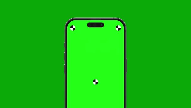 The smartphone's blank green screen with indicators flies in with rotates into the frame. Luma matte is included for easy replacement background. Modern frameless design, no motion blurs & focus