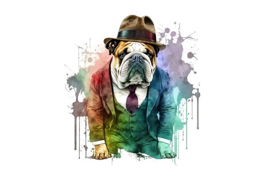 english bulldog in a hat drawn with watercolors isolated on a white background. AI generation