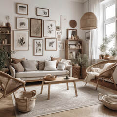 Stylish composition of cozy living room interior 