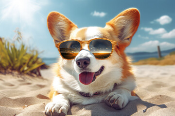 the corgi is laying under the sun in sunglasses, generative AI