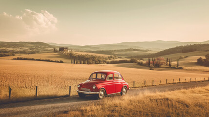 Vintage red car in the Tuscan hills. Tourism and travel concept background. 