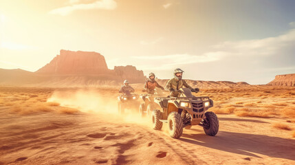 Group people riding atv vehicle on offroad track in touristic tour. Created with generative AI technology.