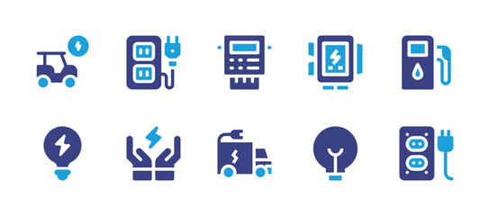 Electricity icon set. Duotone color. Vector illustration. Containing golf cart, socket, electric meter, electric panel, fuel station, bulb, save energy, truck, lightbulb.