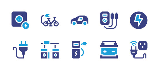Electricity icon set. Duotone color. Vector illustration. Containing switch, electric bike, eco car, voltage, energy, plug, car, charging station, battery, socket.