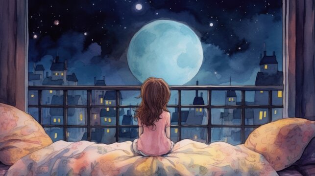 A colorful watercolor in the style of a children's book. A baby girl with brown hair in bed watching a huge full moon that fills the entire view through the window. Generative AI