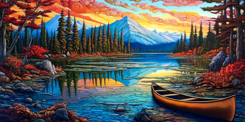 Stylized landscape, canoe on a lake, mountains, background, colorful, painting. Generative AI