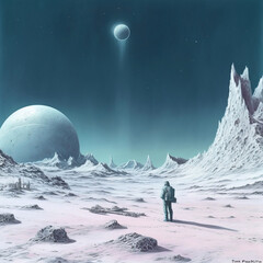 A man standing on top of a snow covered field. astronaut on the moon. person in the snow