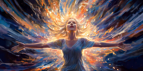 Woman with arms outstretched, spiritual awakening, swirling sky, painting, wide. Generative AI - obrazy, fototapety, plakaty
